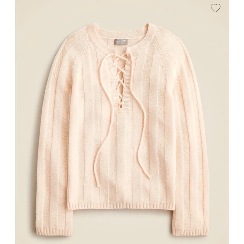 J. Crew Collection Lace Up Sweater 100% Cashmere Cream  Ribbed S NWT *flaw